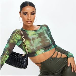 Green tie dye mesh long sleeve crop